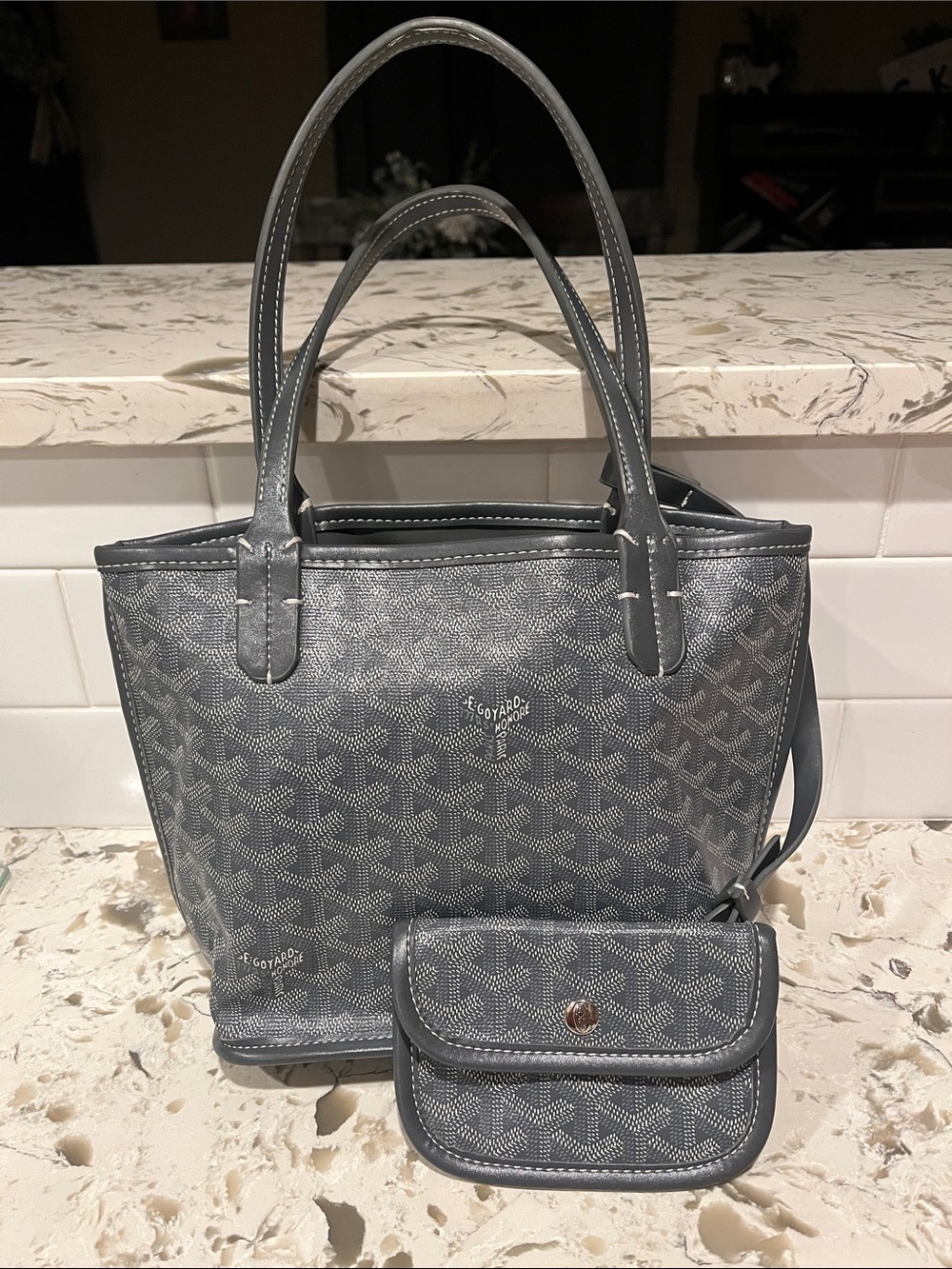 Goyard gray reversible Anjou Mini Tote with wallet chevron print